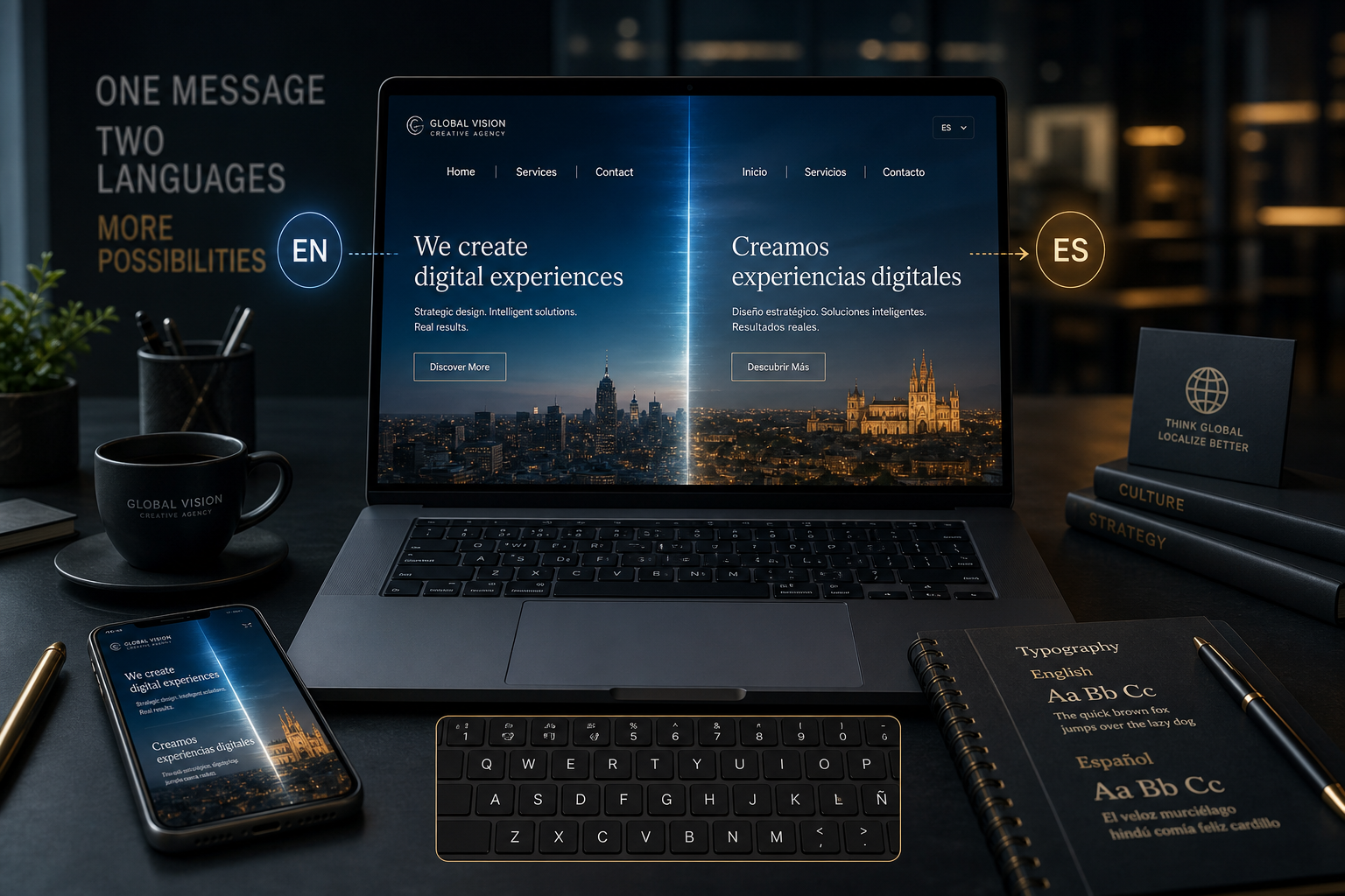 Laptop showing a website transforming from English-only to bilingual English-Spanish