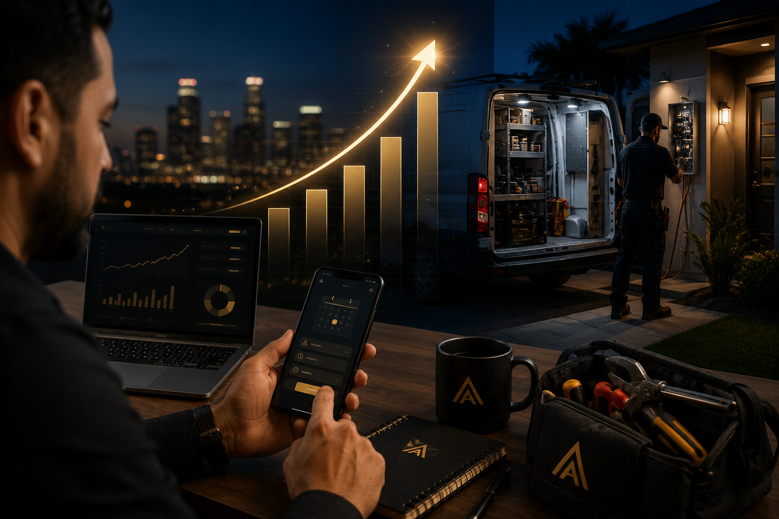 Latino electrical contractor reviewing growth dashboards on phone and laptop at dusk with service van and technician working on a panel