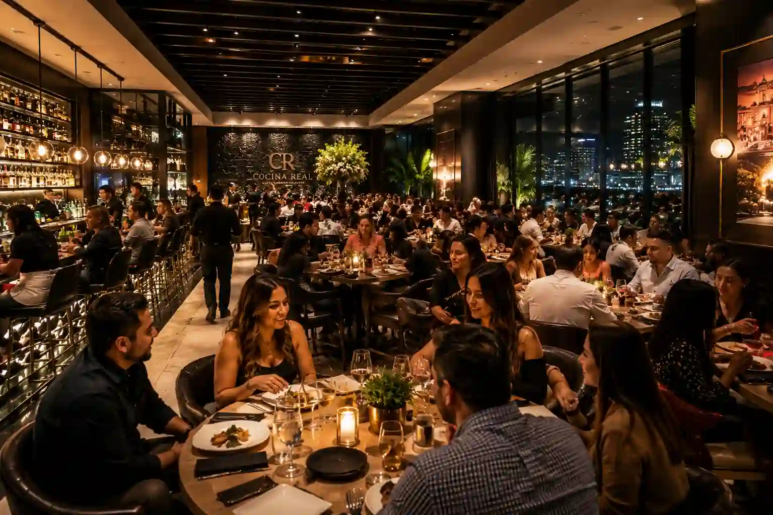 Warm restaurant ambiance with golden bokeh lights
