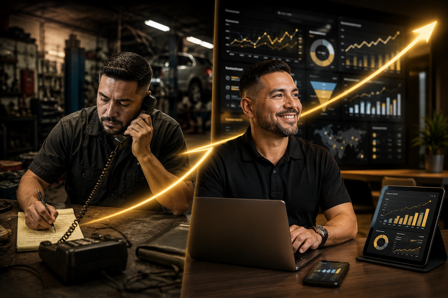 Auto shop owner on the phone taking notes beside a modern dashboard with growth charts