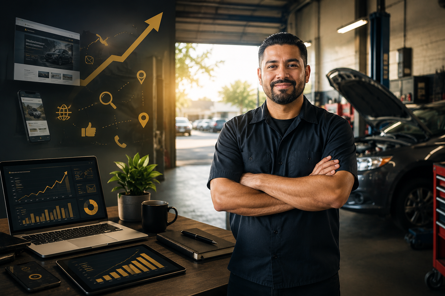 Confident Latino auto shop owner in his garage with a laptop and tablet showing growth dashboards