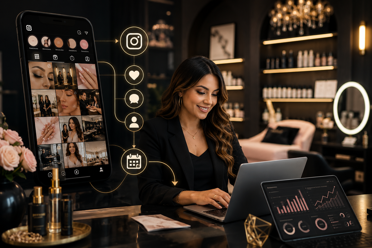 Latina boutique owner working on a laptop in a luxury beauty studio with Instagram, booking, and analytics dashboards floating around her