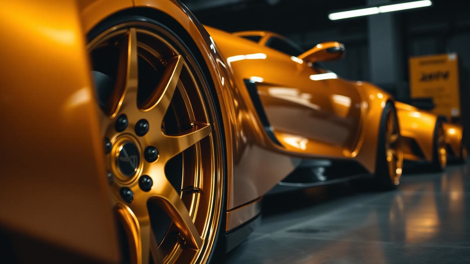 Polished gold automotive wheel close-up in a dark garage