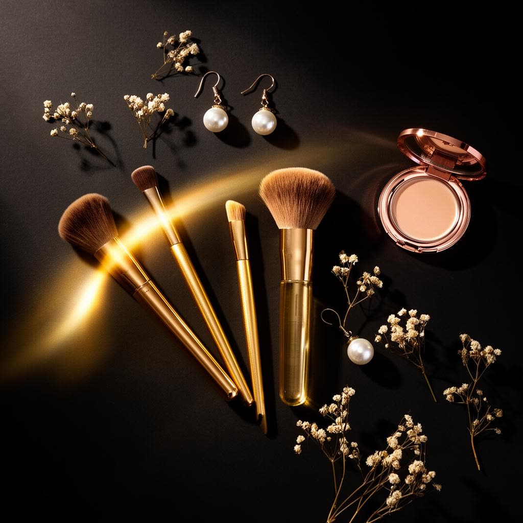 Luxury beauty flatlay with gold brushes and rose-gold accents on black