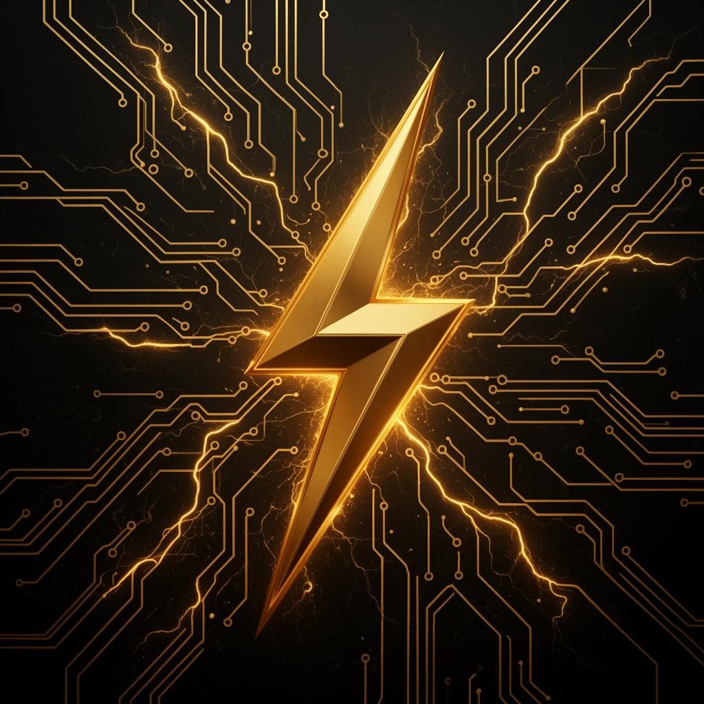 Golden electrical circuit lines and lightning bolt on a dark luxury background