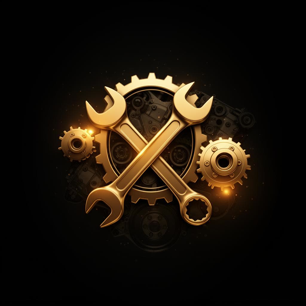 Golden wrench and gear shapes on a dark mechanic luxury background